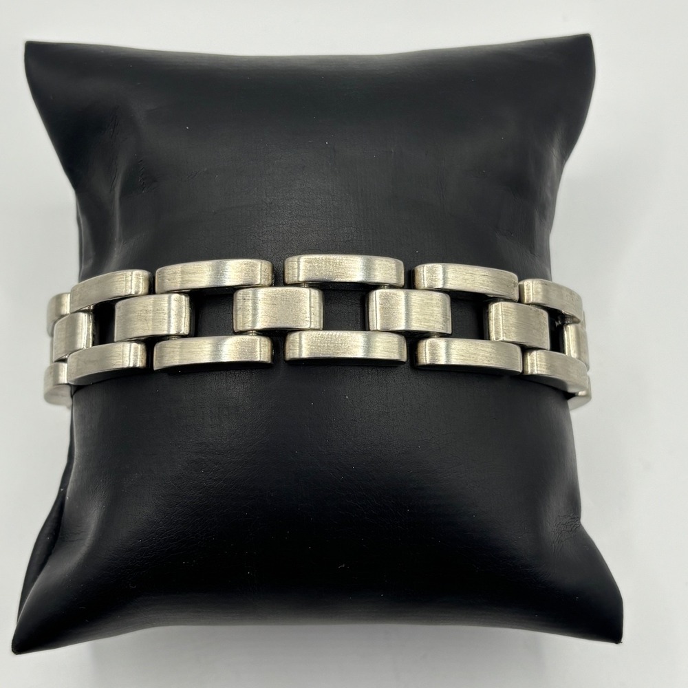 Silver Tone Link Bracelet Heavy 8" Fold Over Clasp